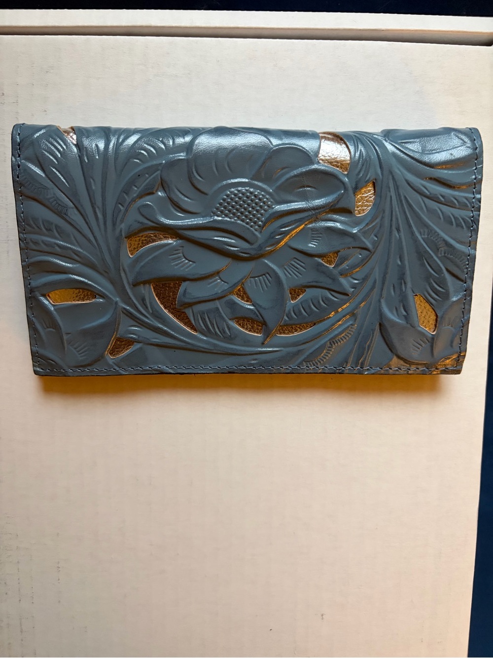 Floral Embossed Card Holder Wallet in Slate Blue with Gold Accent